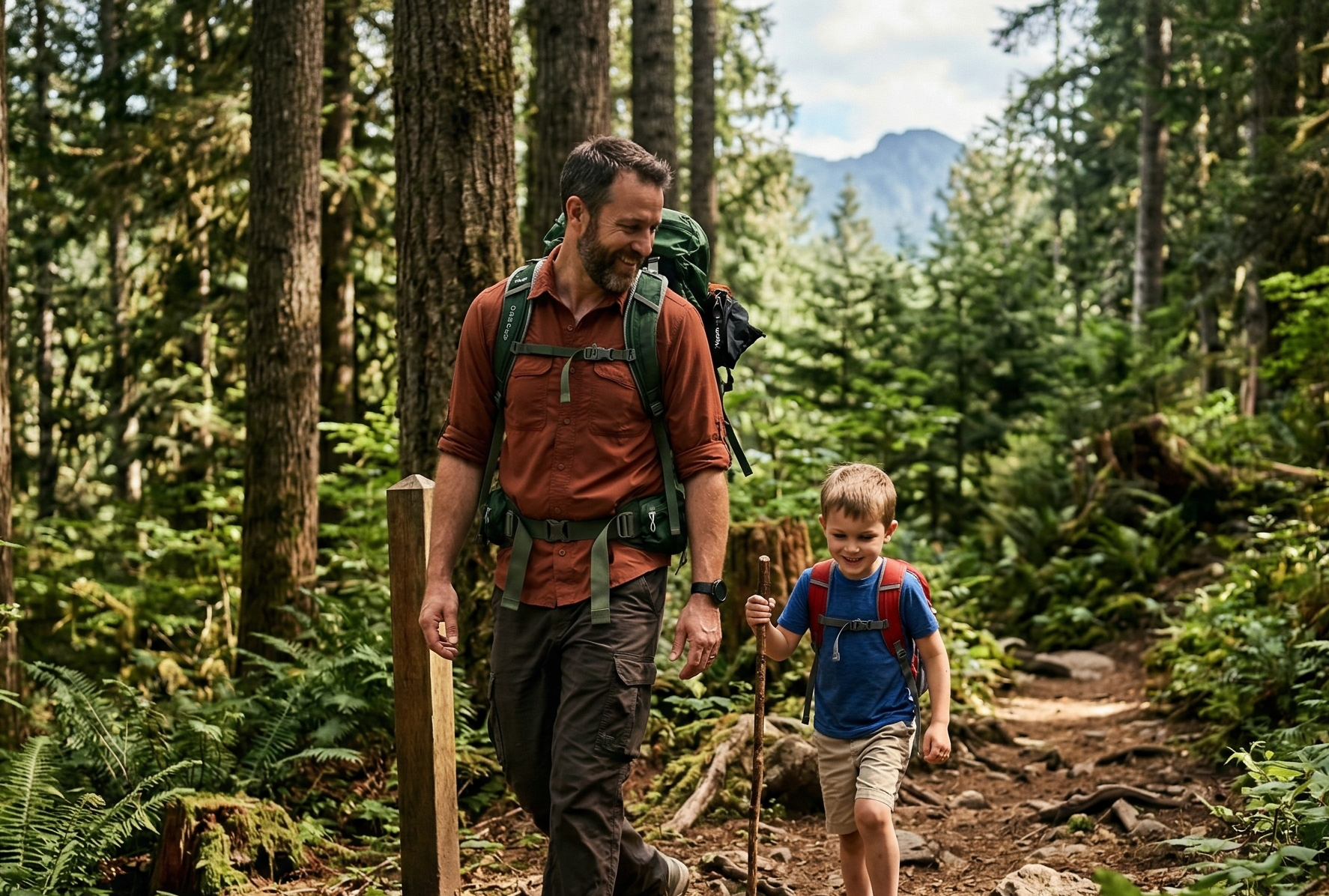 Father and son hiking a woodland trail